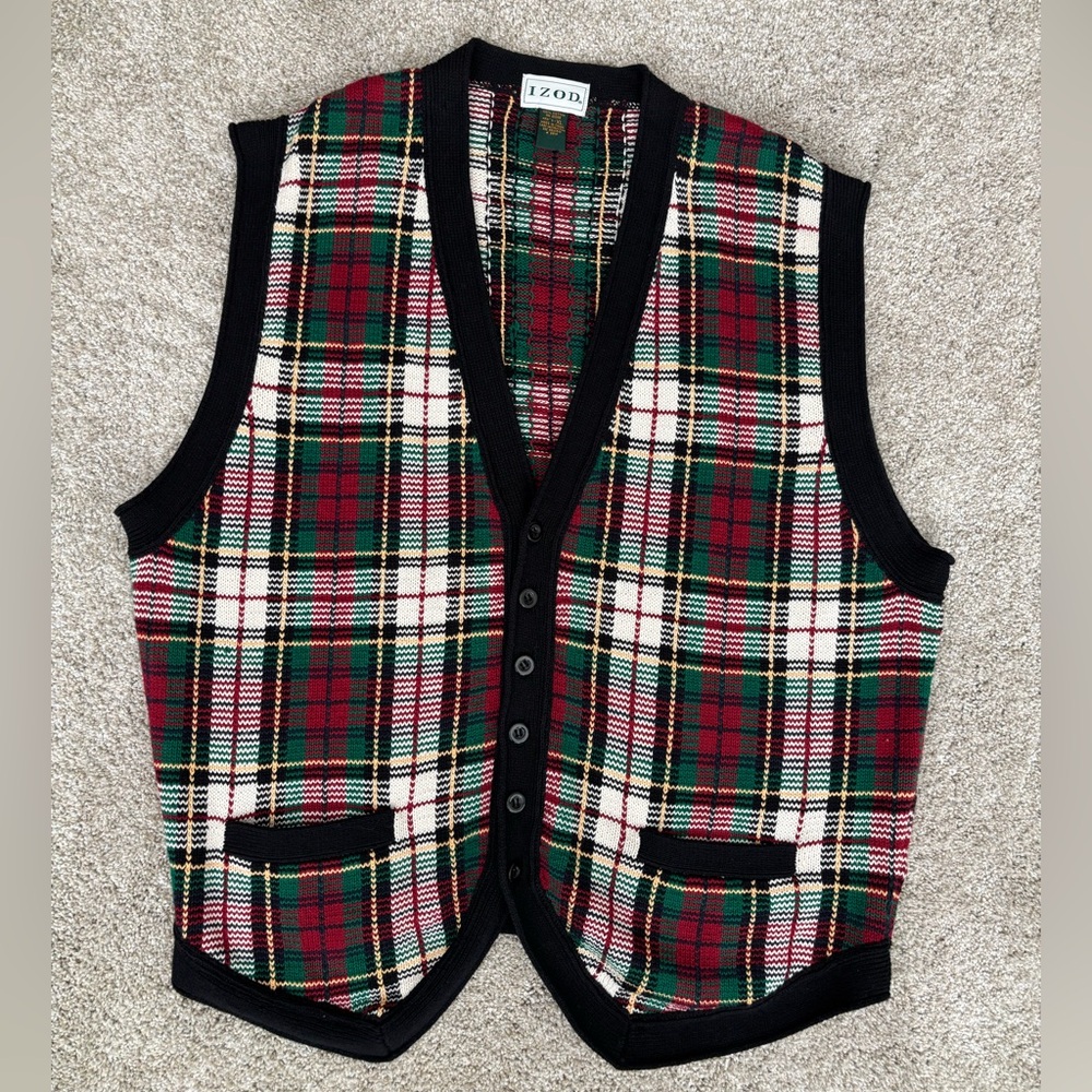 Vintage IZOD Plaid Button Up Sweater Cardigan Vest 100% Cotton Mens XL Christmas